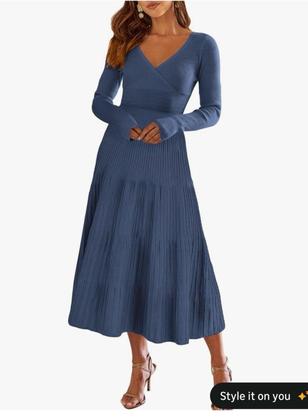 V-Neck Long Sleeve Ribbed Midi Dress - Slate Blue